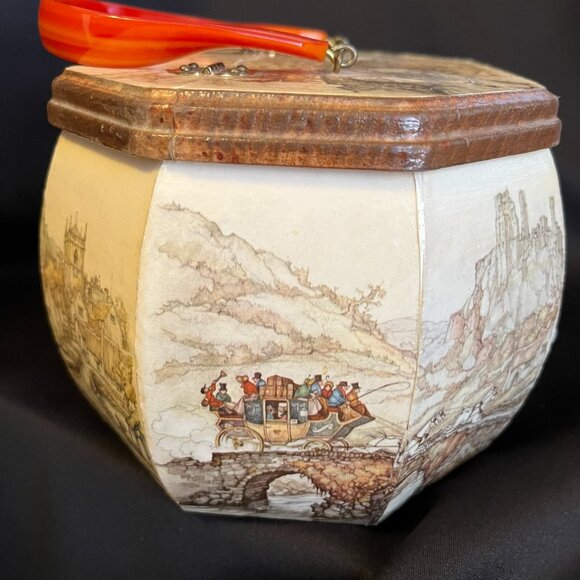 Vintage 70's Anton Pieck Castle Scene Wooden Handbag — Octagonal, Lucite Handle - Picture 5 of 12
